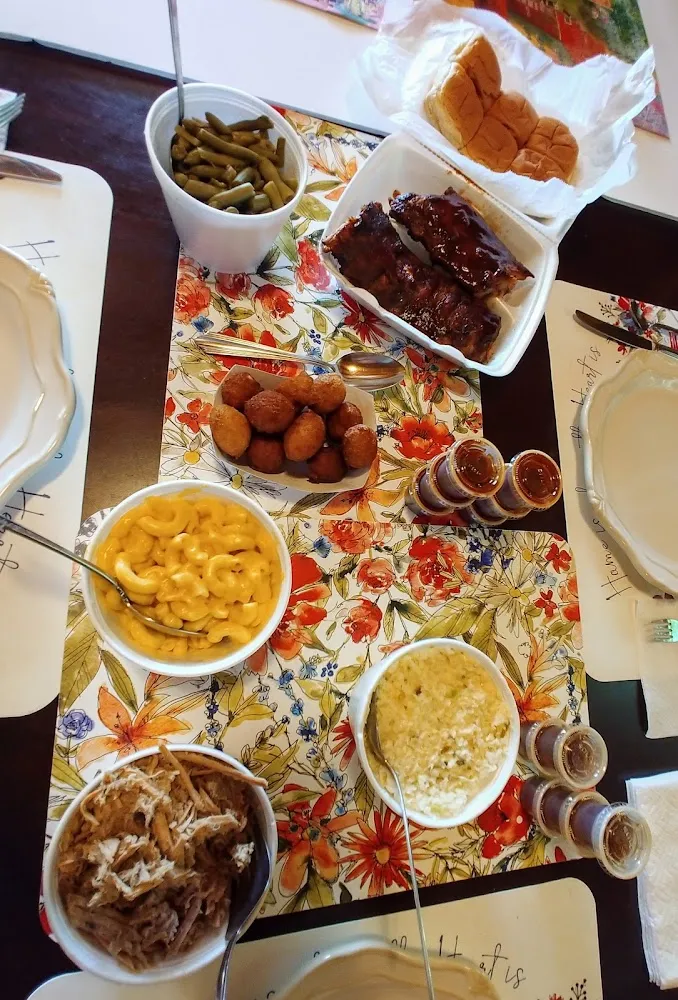 Green Beans Ribs Cole Slaw Pulled Pork and Mac and Cheese