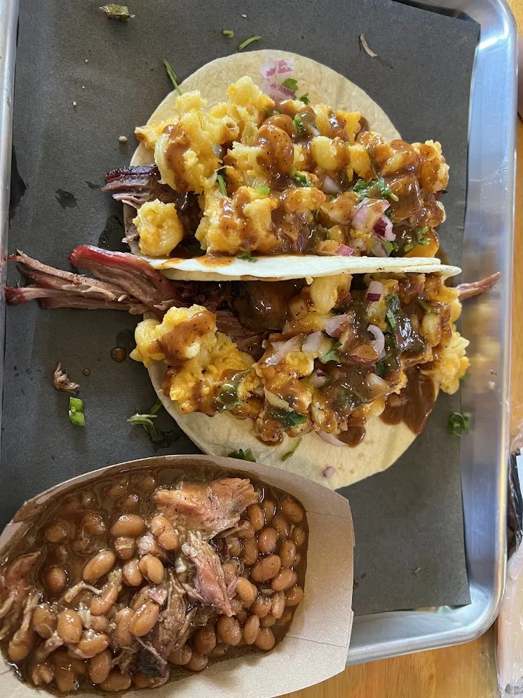 Mac and Cheese Brisket Tacos and Root Beer Baked Beans